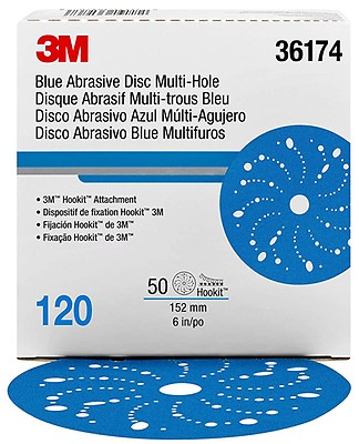 3M Hookit 36174 120 Grit Blue DA Sanding Disc Multi-hole 6 inch-50 Per Box 