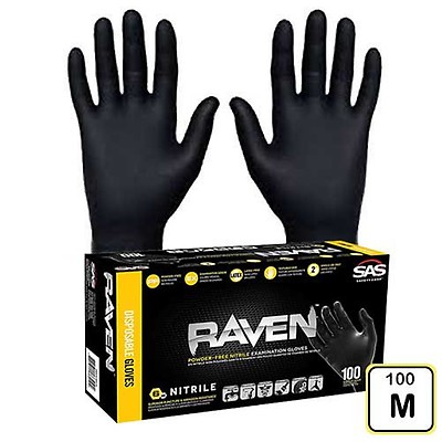 100 Gloves per Box Medium 10 Pack SAS Safety 66517 Raven 6 mil Black Nitrile Disposable Gloves