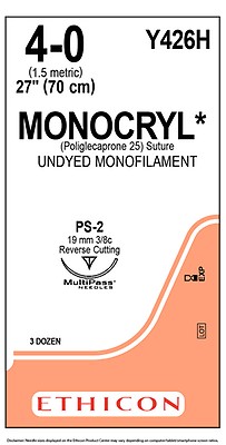 New ETHICON Y427H Monocryl* (Poliglecaprone 25) Suture Undyed