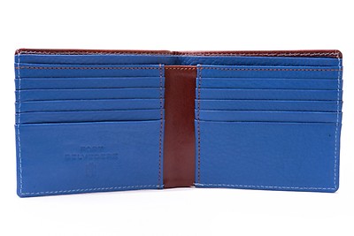Men's Leather Wallet in Whisky Brown Boxcalf and Blue Deerskin with 10 Card Slots by Fort Belvedere