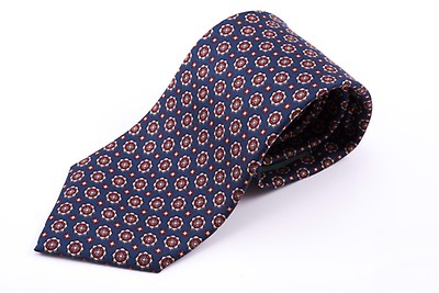 Madder Print Silk Tie in Navy with Red, Buff and Orange Diamond