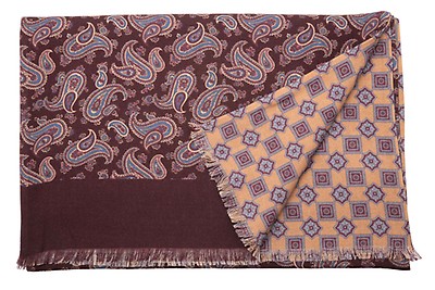 Double Sided Wool Silk Scarf in Cocoa Brown, Burugndy, Red, Blue & Mauve  Paisley with Geometric Pattern