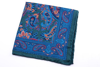 Madder Silk Pocket Square in Brown with Blue Diamond Motif and Red Paisley- Fort Belvedere