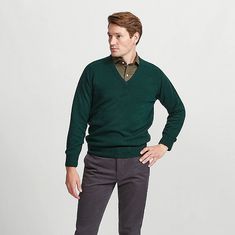 Dark Moss Green, Mens Lambswool Zip Neck Sweater