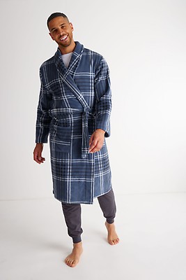 Mens Navy Blue Check Shawl Collar Dressing Gown Peacocks