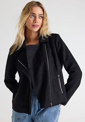 Womens Grey Suedette Biker Jacket Peacocks
