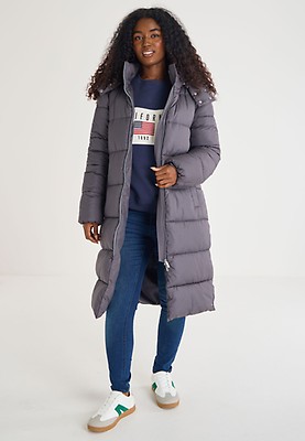 Womens Grey Diamond Quilted Long Coat Peacocks