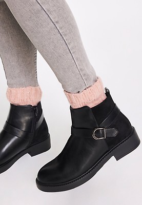 Womens Black Double Buckle Ankle Boots Peacocks