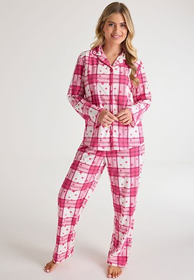 Womens Pink Check Heart PJ Set Peacocks