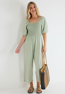 Womens Sage Polka Dot Shirred Jumpsuit Peacocks