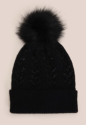 Older Girls Black Lurex Bobble Hat Peacocks