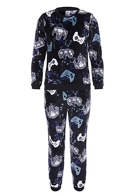 Older Boys Black Blue Check Gaming Pyjamas Set Peacocks