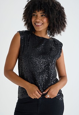 Womens Black Sequin Short Sleeve Top Peacocks