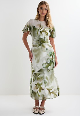 Womens Green Floral Print Flutter Sleeve Top | Peacocks
