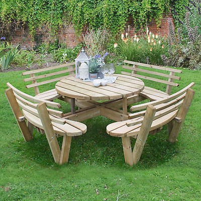 Forest Circular Wooden Garden Picnic, Round Wood Garden Table And Chairs