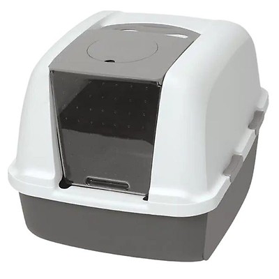 Hooded corner outlet cat litter box