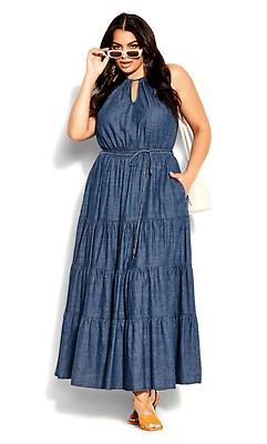 Buy Plus Size Denim Maxi Dress with Tie-up at the Waist