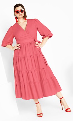 Color Wrap Print Dress - ivory pink