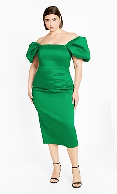 Women's Plus Size Elyse Off Shoulder Midi Emerald Dress