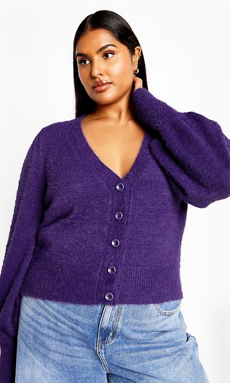 Women s Plus Size Fluffy Royal Purple Button Cardigan
