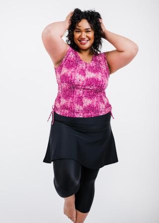 Plus Size Closed Back Maya Swim Top With Flared Swim Skort With Capri Leggings
