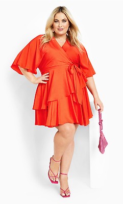 City Chic Curves Bright Orange Mini Wrap Dress