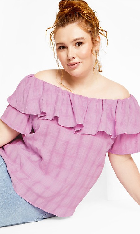 Women's Plus Size Pleated Off Shoulder Petal Pink Top
