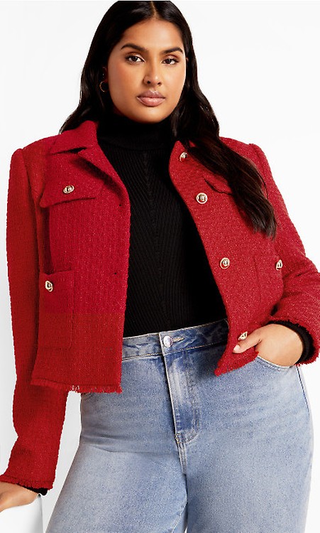 Plus size red denim jacket deals