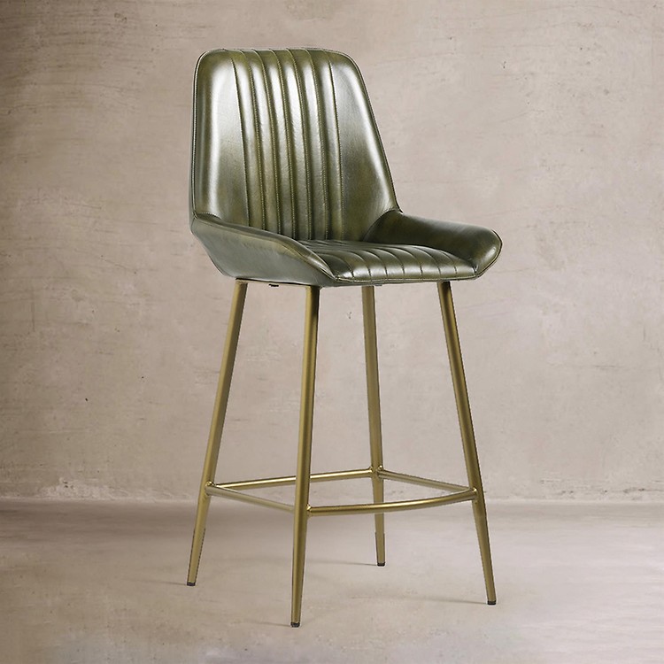 Brooklyn Bar Stool - Green Real Leather Seat - Dull Gold Metal Base - 66cm