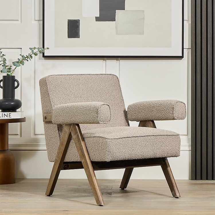 Lorenzo Accent Armchair - Greige Boucle Fabric Seat - Brushed Wood Frame