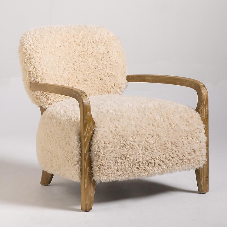 Eskimo Accent Armchair - Faux Sheepskin Yak Fur - Sand - Solid Oak Frame