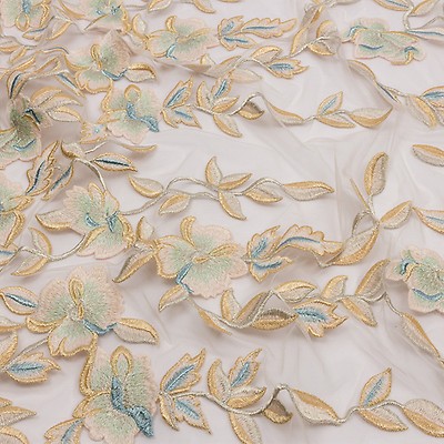 Metallic White and Pale Gold 3D Floral Embroidered Lace on a White