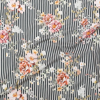 Pink Carnation, Black and White Floral Striped Stretch Cotton