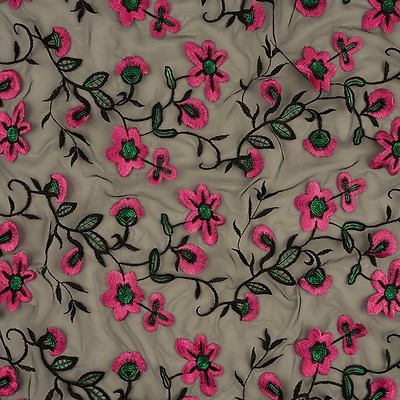 Dressmaking Fabric, Alexandra Floral Embroidered Tulle - Pink & White