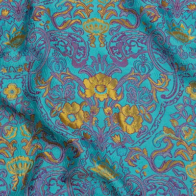 Pink, Pale Blue and Silver Floral Damask Metallic Luxury Brocade