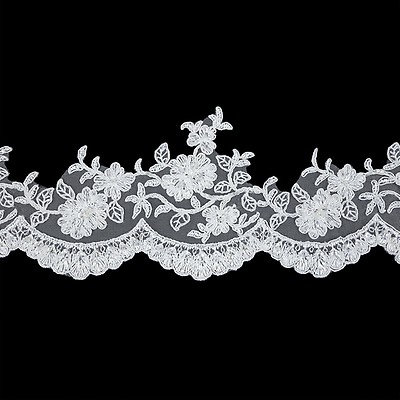 White Floral Corded Lace Trim with Eyelash Fringe Edges - 7