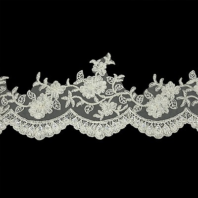 White Floral Corded, Sequins and Beaded Bridal Lace Trim with Scalloped Edge  - 4.5 - Sequin - Lace - Trims