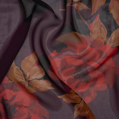 Metallic Polyester Burnout Brocade - Deep Red and Black Floral