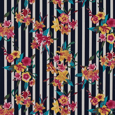 Pink Carnation, Black and White Floral Striped Stretch Cotton