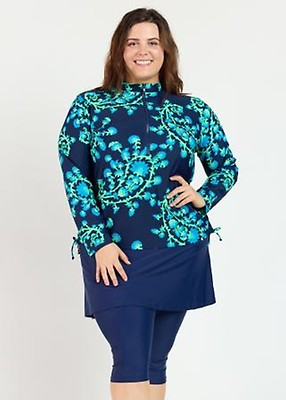 Plus Size Half-Zip Nora Swim Top With Flared Swim Skort With Capri Leggings