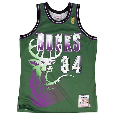 Men's Mitchell & Ness Ray Allen Cream Milwaukee Bucks Chainstitch Swingman Jersey Size: Small