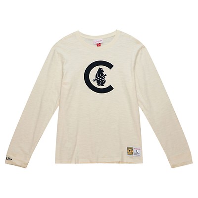 Men's Chicago Cubs Mitchell & Ness Light Blue Cooperstown Collection Logo  Slub Long Sleeve T-Shirt