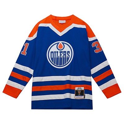 Mitchell & Ness Grant Fuhr Royal Edmonton Oilers 1986 Blue Line Player Jersey