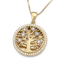 Round 14K Yellow Gold Tree of Life Pendant Necklace With Colorful