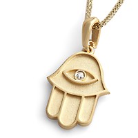 14K Gold and Blue Enamel Hamsa Pendant Necklace with Diamond Fingers and  Evil Eye, Jewish Jewelry