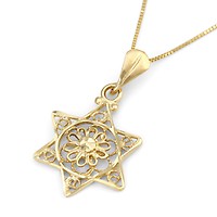 14K Gold Women's Large Textured Star of David and Chai Pendant