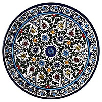 6.29" Armenian Ceramic  Israel Flowers Plate B&W #1 for hanging Diameter 