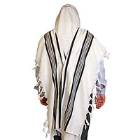 Traditional Pure Wool Tallit - Blue with Silver Stripes