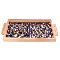 Set of 4 Olive Wood & Armenian Ceramic Coasters - Colorful Flowers