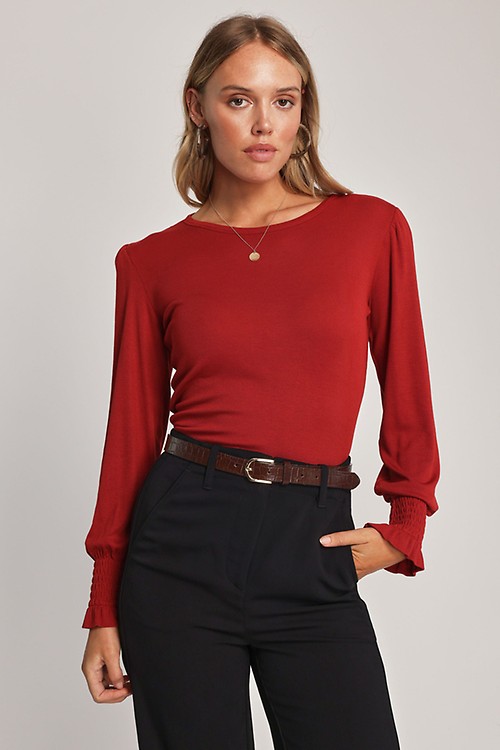 Shop George Cotton Rib Long Sleeve Tee in Red